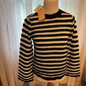 Halogen Black and White Striped Crew Neck Sweater